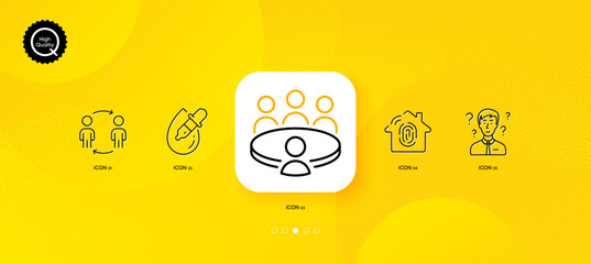 Fototapeta na wymiar Meeting, Eye drops and Fingerprint access minimal line icons. Yellow abstract background. Workflow, Support consultant icons. For web, application, printing. Vector