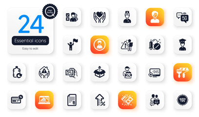 Set of Business flat icons. Tips, Person and Businesswoman person elements for web application. Hold heart, Payment, Paint roller icons. Delivery discount, Communication, Leadership elements. Vector