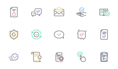 Approve line icons. Checklist, Certificate and Award medal. Certified document linear icon set. Bicolor outline web elements. Vector
