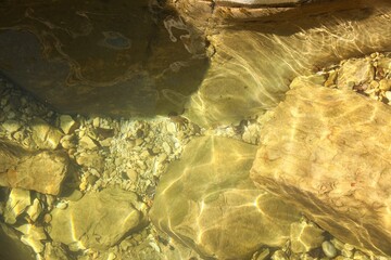 Beautiful clean pond and rocks as background, top view