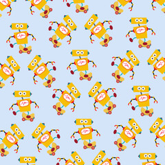 Seamless pattern with various cute robots perfect for wrapping paper