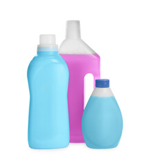 Different bottles with detergents on white background