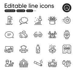 Set of Business outline icons. Contains icons as Best chef, Group and Timer elements. Candlestick chart, Smoking, Work home web signs. Business growth, Flag, Gift elements. Speech bubble. Vector