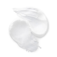 Samples of body cream on white background, flat lay