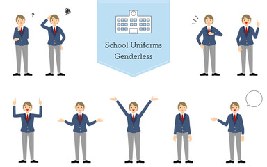 ジェンダーレス生徒、ブレザーの制服ポーズセット、疑問・悩む・引き受ける・指さしetc