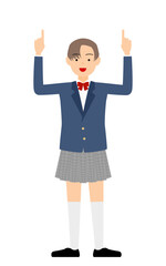 ジェンダーレス生徒、ブレザーの制服、両手で上を指さす