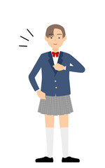 ジェンダーレス生徒、ブレザーの制服、自信満々に胸をたたく