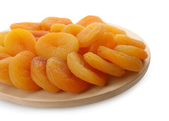 Wooden tray with tasty dried apricots isolated on white