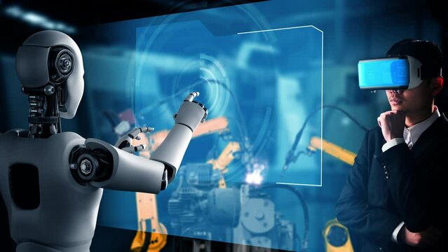 Cybernated industry robot and human worker working together in future factory . Concept of artificial intelligence for industrial revolution and automation manufacturing process .