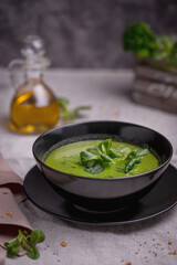 Vegetarian healthy soup. Green pea cream soup 