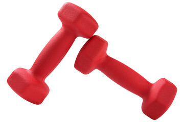 Two red dumbbells, as if levitating, the edges of the dumbbells are raised, concept, on a white background, isolate