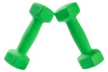 A pair of green dumbbells, as if levitating, the edges of the dumbbells are raised high, concept, on a white background, isolate