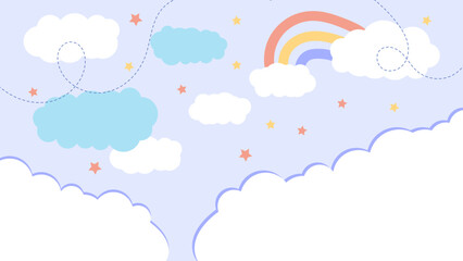 Fototapeta na wymiar Abstract kawaii clouds cartoon on rainbow blue sky background. Concept for children and kindergartens or presentation