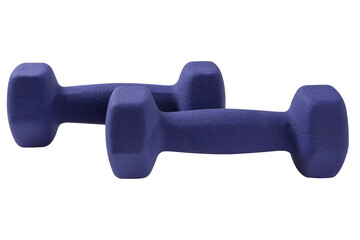 A pair of purple dumbbells in a textured shell, lie parallel, on a white background, isolate
