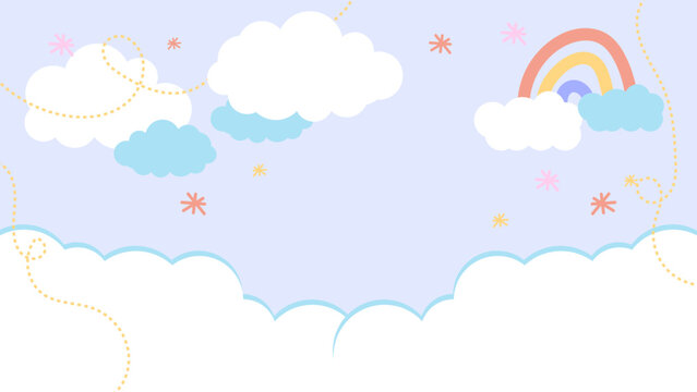 Abstract kawaii clouds cartoon on rainbow blue sky background. Concept for children and kindergartens or presentation