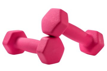 A pair of pink dumbbells lies on a white background, one dumbbell on the other, concept, isolate