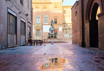 Fountain of Neptune. reflection in the water of the statue. Bologna, Italy