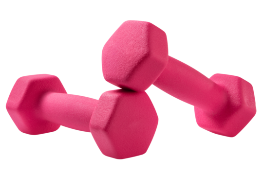 A pair of pink dumbbells lies on a white background, one dumbbell on the other, concept, isolate