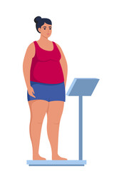 Fototapeta premium Fat obese woman standing on weigh scales. Oversize fatty girl. Obesity weight control concept. Overweight female cartoon character full length. Vector illustration.
