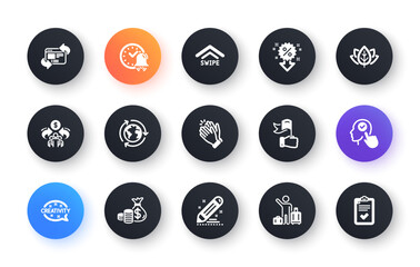 Minimal set of Airport transfer, Outsourcing and Refresh website flat icons for web development. Clapping hands, Swipe up, Coins bag icons. Brand contract, Discount, Alarm bell web elements. Vector