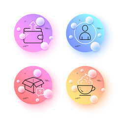 Coffee cup, Wallet and Avatar minimal line icons. 3d spheres or balls buttons. Secret package icons. For web, application, printing. Whipped cream, Send money, User profile. Question box. Vector