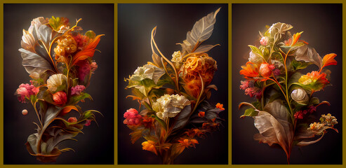 Bouquets of dried flowers. Artistic compositions for printing and interior design. Set of three images.