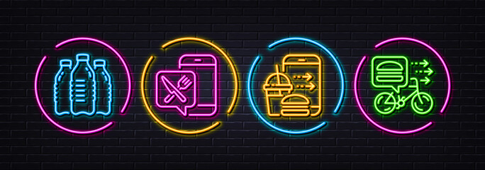 Water bottles, Food app and Food order minimal line icons. Neon laser 3d lights. For web, application, printing. Aqua drinks, Meal order, Bicycle courier. Neon lights buttons. Vector