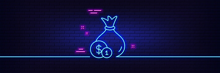 Neon light glow effect. Money bag with Coins line icon. Cash Banking currency sign. Dollar or USD symbol. 3d line neon glow icon. Brick wall banner. Cash outline. Vector