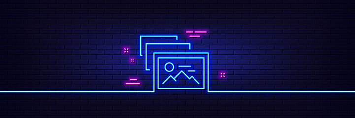 Neon light glow effect. Photo album line icon. Image thumbnail sign. Picture gallery placeholder symbol. 3d line neon glow icon. Brick wall banner. Photo album outline. Vector