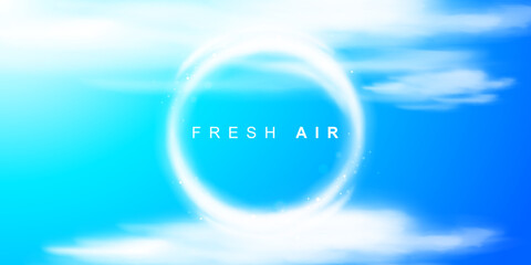Circle from the cloud in the blue sky. Gate to paradise. Round cloud frame for text or product presentation. Fresh clean air. Airy sky background. Vector illustration.