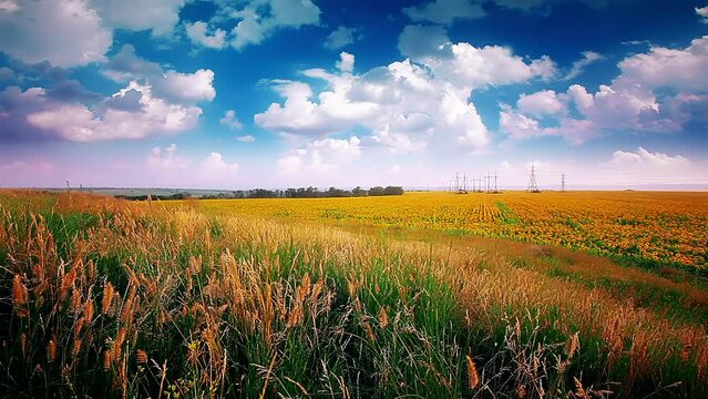 summer landscape - field of sunflowers on a background cloudy sky