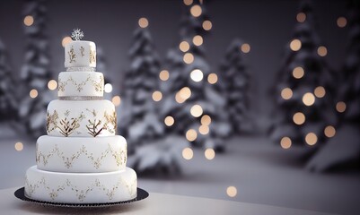 Colorful winter celebration cake. A beautifully decorated 3D rendered cake with snowflake pinecones. Perfect dessert to celebrate the holiday season,. Moist cake with intricate design