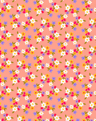 Сute coral pink decorative spring summer pattern with white daisies, red, blue and yellow simple wild flowers