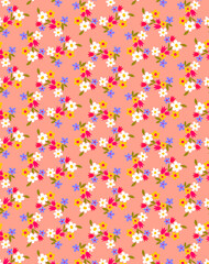 Сute coral pink decorative spring summer pattern with white daisies, red, blue and yellow simple wild flowers