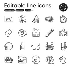 Set of Business outline icons. Contains icons as Timer, Euro money and Internet elements. Food time, Stock analysis, Share web signs. Pencil, Alcohol free, Fake document elements. Vector