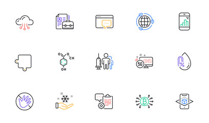 5g internet, Eco energy and Bitcoin system line icons for website, printing. Collection of Seo message, Chemical formula, Freezing icons. Graph phone, Cloud computing. Vector