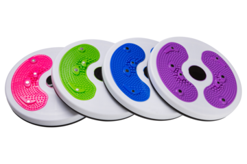 Four simulators, rotary discs in assortment, for training the abdominal muscles, on a white background, isolate