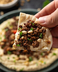 Hummus with spiced ground beef, olive oil, tomatoes and toasted pine nuts