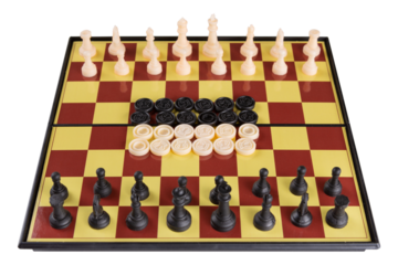 Chess and checkers are placed on the board, a set of board games, on a white background, isolate