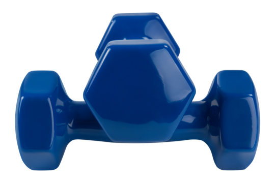 A pair of dumbbells in a blue glossy shell, one on top of the other, on a white background, isolate