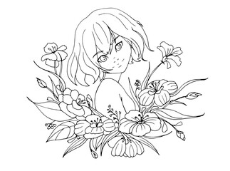 vector coloring page with cute cartoon anime girl. avatar, line art