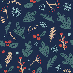 Christmas pattern with traditional plants and snowflakes