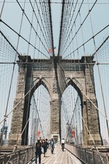 Manhattan Bridge, Brooklyn Bridge  in New York, View of the Brooklyn Bridge with lower Manhattan in the distance. USA