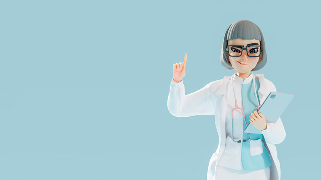 Cartoon character woman doctor shows direction with finger.  Space side area for your text and banner design. Designed in minimal and pastel concept. 3D Render.