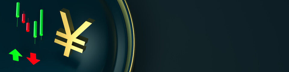 Yen symbol and a stylized candlestick chart on a green background. The concept of financial market, forex, investment. 3D rendering