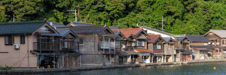 Lined up boathouses at Ine Town in Kyoto, Japan.