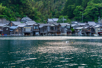 Lined up boathouses at Ine Town in Kyoto, Japan.