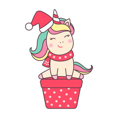 Christmas kawaii character unicorn in santa claus hat with gift isolated on white background.