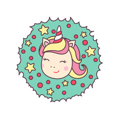 Cute kawaii character unicorn head with Christmas wreath isolated on white background.