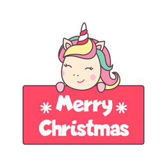 Cute Christmas kawaii character unicorn holding a sign with the text merry christmas isolated on white background.